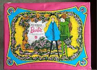 Front view of pink vinyl Barbie double doll case with colorful 1968 graphic showing two Barbie dolls and floral border.