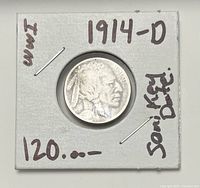 Front view of the 1914-D U.S. Buffalo Nickel encased in holder displaying obverse side with Native American profile and handwritten annotations about the coin being a semi-key date and its price.