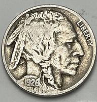 Obverse side of 1926 Buffalo Nickel showing Native American head, date 1926, and LIBERTY.