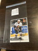 Photo of Shaun Van Allen Ottawa Senators Alumni hockey card with autograph in black ink. Card inside plastic sleeve on dark wood surface.