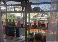 Overview of gardening and house plant supplies arranged on shelves by a window with outdoor view