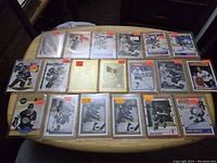 Photo showing all 19 Wayne Gretzky hockey cards laid out on table in protective sleeves with price tags attached.