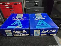 Two blue Dolomite ski boot boxes side by side, both size 8, with visible labels and Olympic Winter Games branding.