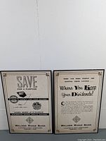 Two framed vintage bank promotional posters from Walker Ridge Bank Compton, CA, mounted side by side on a plain wall. Text focuses on savings safety and dividends.