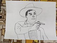 Paper with a dark pencil sketch of a man holding a gun wearing a hat