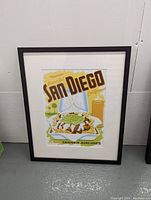 Photo of framed and matted vintage Tanner Airlines San Diego travel print showing the full artwork with colorful illustrations and text.