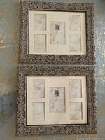 Two ornate Bowring multi-opening picture frames displayed vertically against a textured wall, showing matting with five photo openings each.