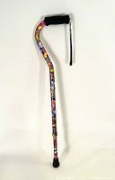 Full view of the adjustable walking cane showcasing the butterfly design on the shaft, foam grip handle with wrist strap, and firm rubber tip.