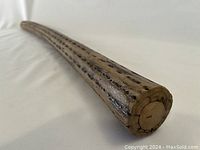 Close-up view of one end of the rainmaker showing textured cactus surface and wooden end plug, highlighting material and sealed ends.