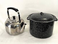 Full lot view of the stainless steel kettle and enamel-on-metal canning pot side by side on a white background.