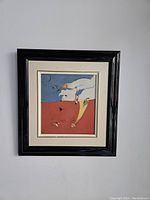 Full view of framed painting hanging on wall showing abstract surrealist style with bold colors and textures.