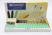 Box showing 24 pieces of Tramontina Ipanema cutlery with turquoise handles including knives, forks, spoons, and teaspoons.