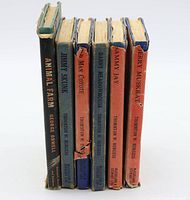 Side view of the 6 vintage books showing Animal Farm and five children's books by Thornton W. Burgess