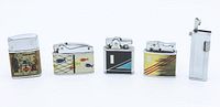 Group photo showing all five vintage flip lighters with different enamel decorations and chrome finishes.
