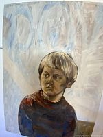 Full view of the large oil on canvas portrait of a seated boy, showing the upper torso and head with detailed facial features and textured brushwork.