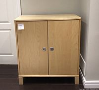 Front view of a light birch veneer cabinet with two doors and metal round handles, sitting on four legs against a gray wall.