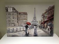 Canvas print showing a Paris street scene with the Eiffel Tower in the background, with people holding umbrellas and Parisian architecture.