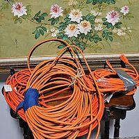 Three coiled orange extension cords on a dark wooden table beneath a floral painting.