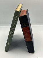 Two books standing at an angle showing spines: green cloth (Hemingway) and navy cloth with red title cartouche (Dumas)