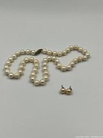 Necklace and pearl stud earrings laid flat on white background