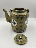 Full frontal view of cloisonné teapot body with lid removed and placed in front