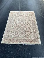 Full view of rug on asphalt showing overall floral arabesque pattern and border