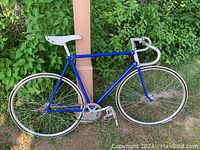 Side profile of the vintage blue fixed gear track bike against greenery showing frame, wheels, saddle, and handlebars