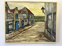Full view of the oil painting showing a street with buildings and sky.