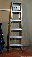 Full view of aluminum 6-foot folding ladder against wall.
