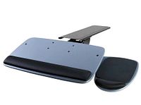 Photo of assembled keyboard tray and mouse pad showing grey tray with black wrist support and attached mouse pad with black cushioned palm rest, connected to 17 inch sliding mount.