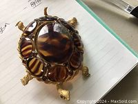 Close-up of the turtle pin brooch with large brown domed central stone and smaller amber-like stones, detailed gold-tone turtle form with textured feet and head.