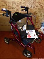 Red Airgo Fusion rolling walker with seat, backrest, and wheels shown from front angle.
