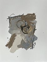 Abstract painting with brushstrokes in beige, grey, black, and gold circles on white paper.