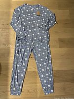 Full view of men's size large Kyte pajama set featuring long-sleeve top and pants with Arctic print on medium blue-grey background.