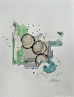 Abstract painting featuring green vertical brushstroke, three tan circular forms outlined in black with swirling blue and white circle near bottom right, black linear markings, white and blue paint splatter accents on white paper, signed by the artist.