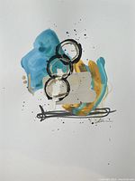 Abstract painting with three circular black rings, blue, yellow, beige colors on white paper with artist signature
