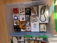 Overhead view of a plastic container with multiple boxes of costume jewelry including rings, bracelets, necklaces, and earrings.