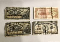 Four antique paper bills laid flat on a white surface showing front side: two 25 cent Dominion of Canada bills from 1900, one 1923 25 cent Dominion of Canada bill, and one British Armed Forces 3 pence note.