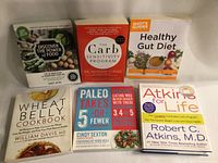Photo showing six health and diet books arranged closely, emphasizing titles and cover designs.