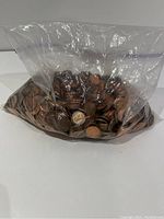 Sealed transparent plastic bag filled with copper-colored pennies of mixed Canadian and American origin.