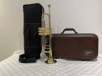 Full view of the trumpet standing upright between the soft-sided black case and hard-sided brown Accent case, showing overall trumpet and cases included.