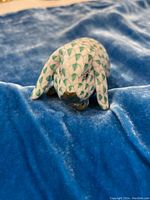 Front view of porcelain lop-eared bunny figurine with green fishnet pattern and gold accents on blue fabric