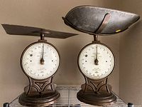 Pair of vintage Salter scales side by side on metal shelving, one with flat platform and one with curved bowl