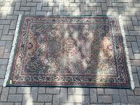 Full view of the rectangular area rug on stone paving, displaying its floral and ornamental pattern and off-white fringed edges.