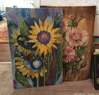 Two artisan floral textile tapestries side by side, showing their floral patterns and size.