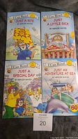 Four I Can Read! children's books by Mercer Mayer shown together on a dark fabric background: Just A Kite, Just A Little Sick, Just A Special Day, and Just An Adventure at Sea.