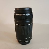 Front view of Canon zoom lens with lens cap on, showing 75-300mm focal range and aperture markings