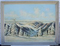 Full view of signed landscape painting with snow-covered trees and mountains.