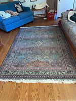 Complete view of the area rug laid out on a hardwood floor with furniture around it, showing size and condition.
