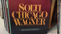 Photo of a vinyl record album cover titled 'Solti Chicago Wagner' featuring works by Wagner with the Chicago Symphony Orchestra.